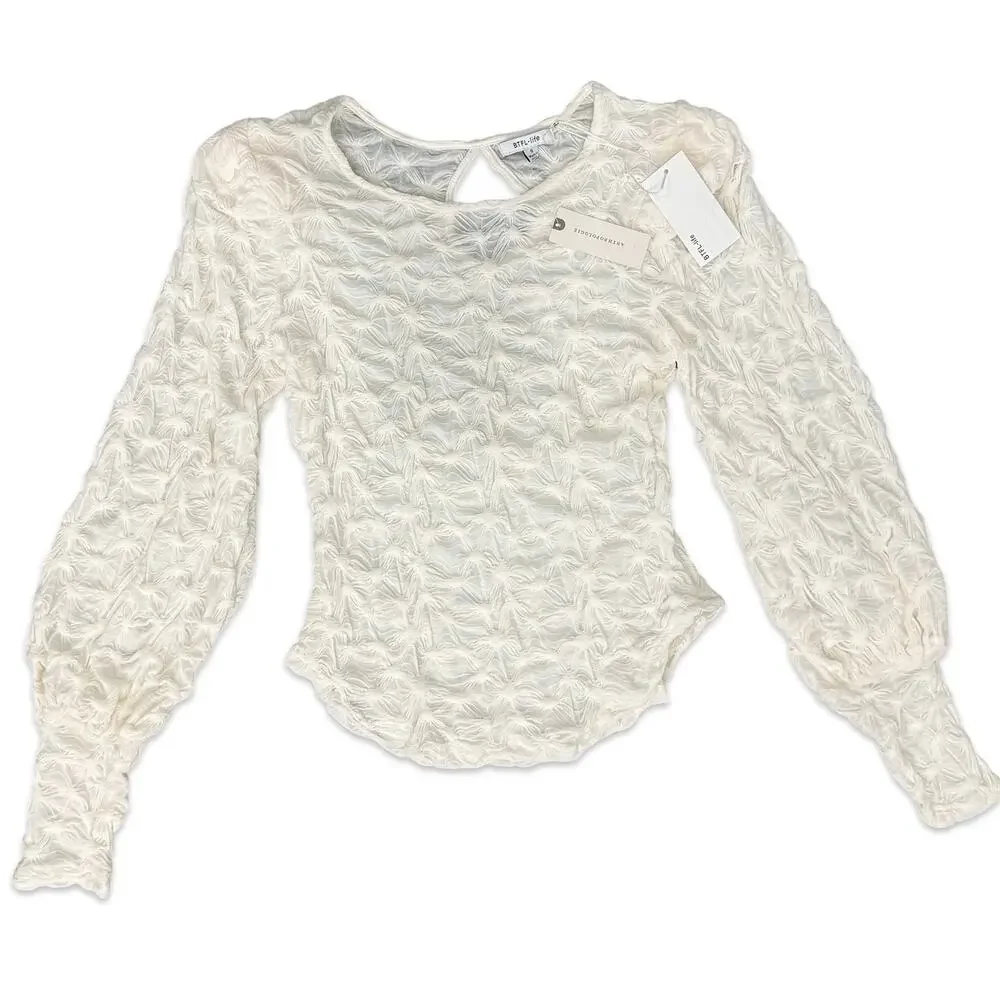 Anthropologie BTFL Life Ivory Textured Popcorn Bishop Sleeve Blouse Sz S NEW Tag